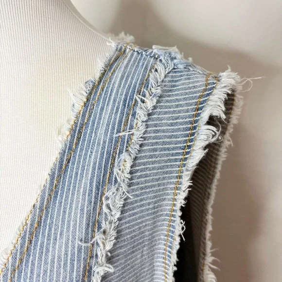 POL Stripe Denim Oversized Vest Criss Cross Side Ties Distressed Size Medium - Picture 4 of 8
